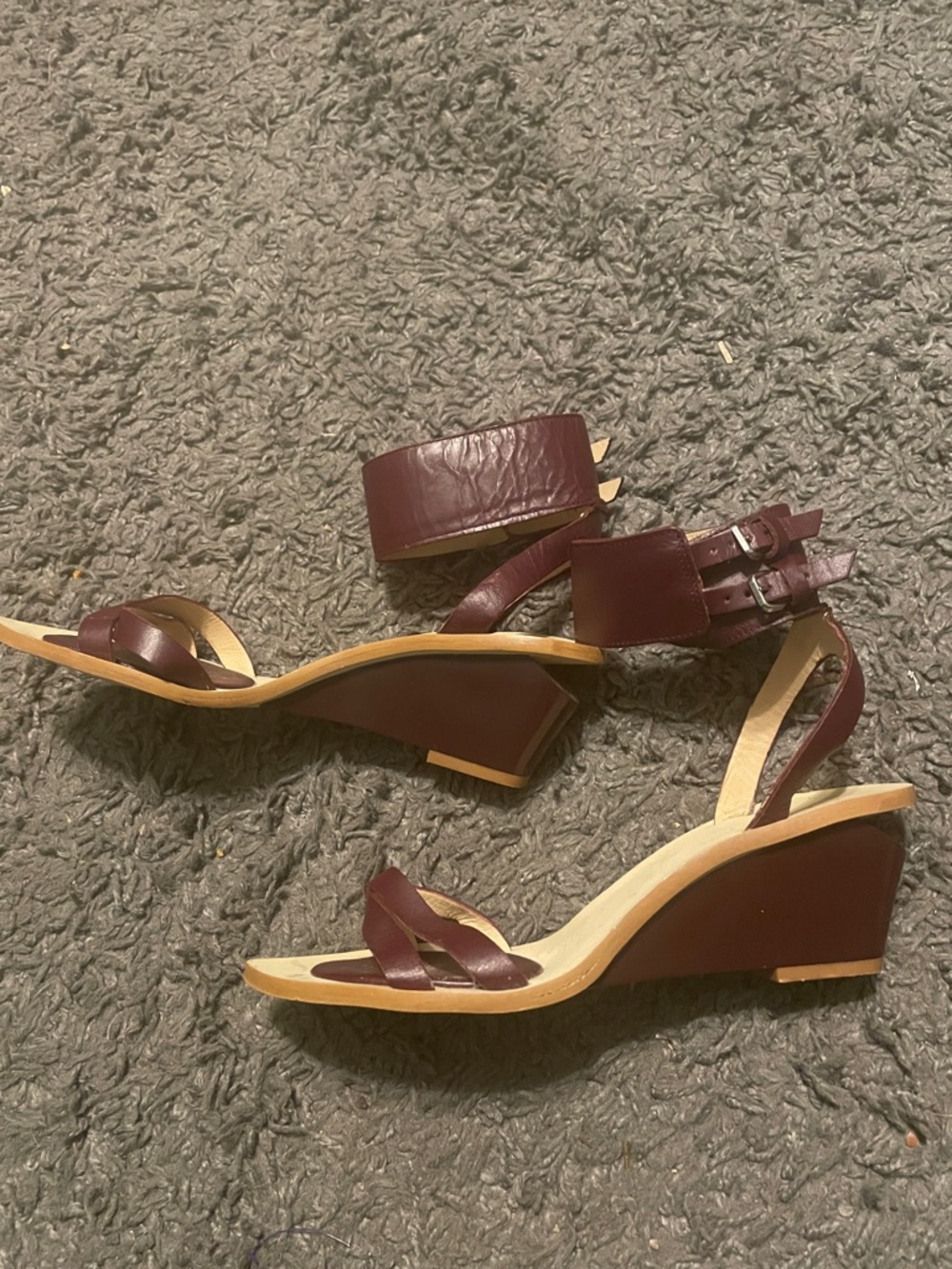 Zara Wine Burgundy Wedge Sandals with Ankle Buckles